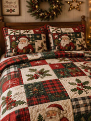 Santa Holly Plaid Patchwork 3‐Piece Quilted Bedding Set
