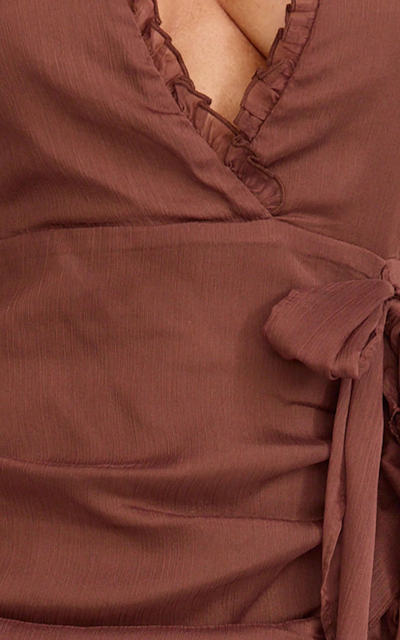 Eleonor Maxi Dress - Plunge Halter Tiered Ruffle Front Split Dress in Chocolate