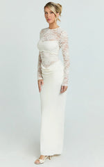 Crisanta Maxi Dress - Long Sleeve Contrast Lace Bodycon Dress in Ivory